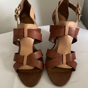 Franco Sarto Galina brown tan leather strappy sandals heels wooden wedge shoe 8M